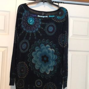 Desigual Blue Floral Metallic Knit Top Sweater XL